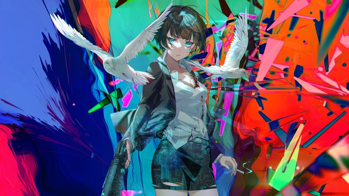 Tsunemori Akane with birds and gun
