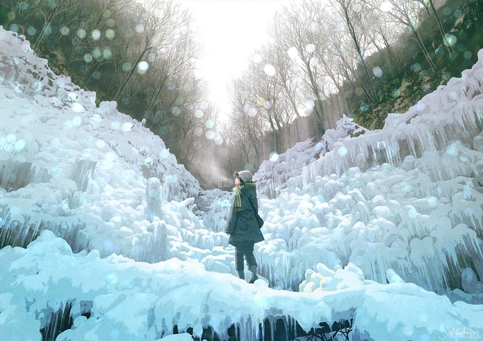 Person in winter coat and scarf in icy forest