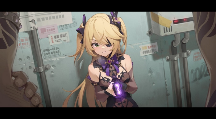 Fischl from Genshin Impact holding a glowing object