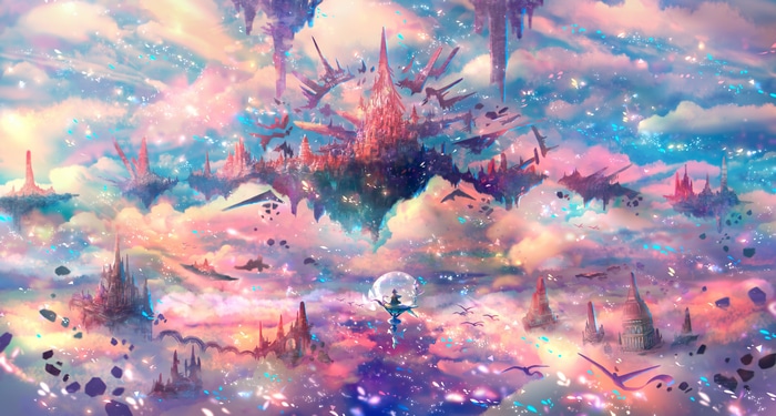 Fantasy art of floating islands and castles in the sky