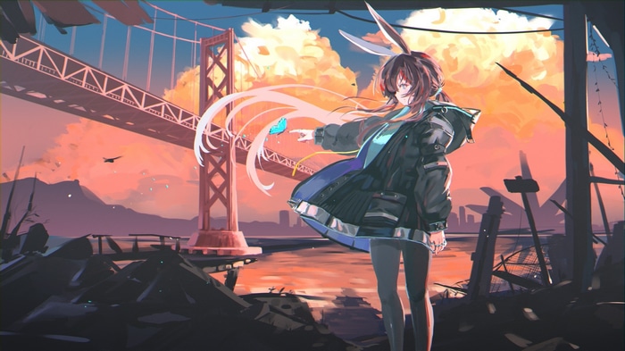 Amiya with bunny ears and butterfly near Golden Gate Bridge at sunset