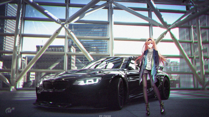 Anime girl and black BMW M6 parked in a modern building