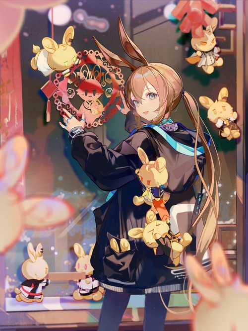 Amiya from Arknights with bunny plushies