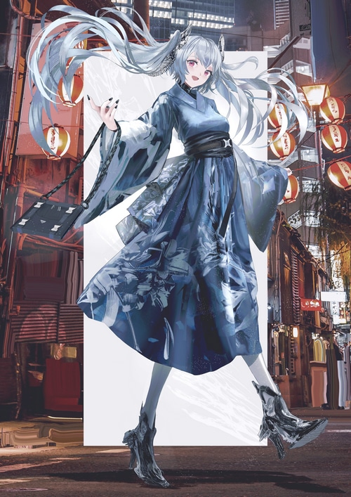 Hatsune Miku in a blue kimono in a city at night