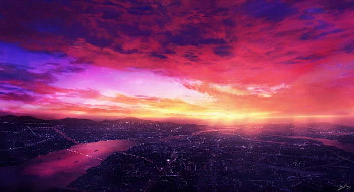 4K Cityscape at Sunset Glow with Dramatic Clouds