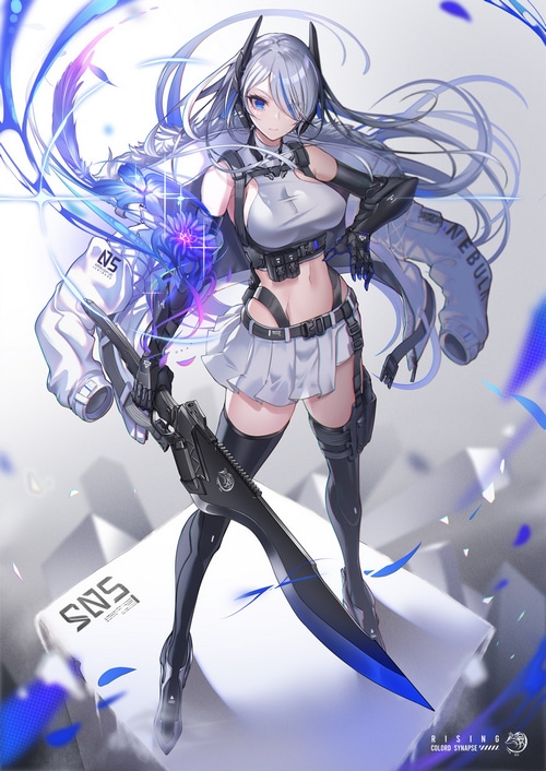 Anime girl with white hair and blue eyes holding a weapon