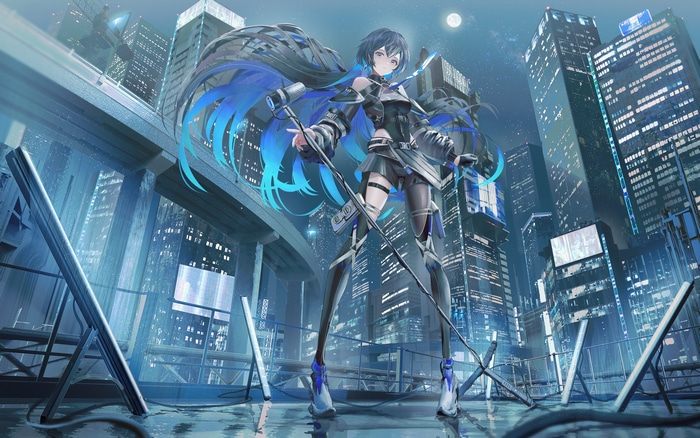 Anime girl with blue hair in a city at night