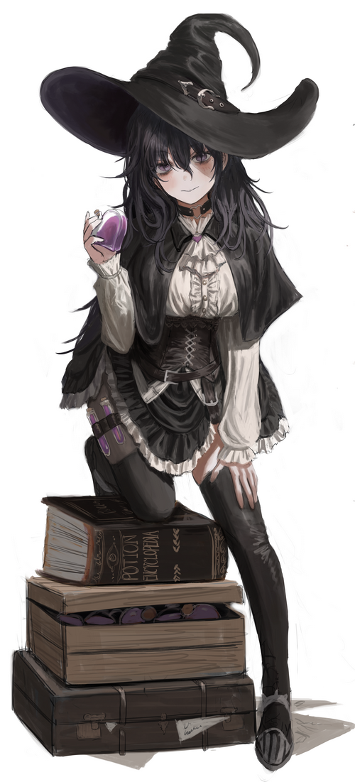 Anime witch girl with potions and books