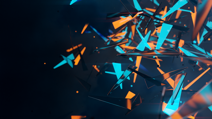 Abstract glass fragments in blue and orange