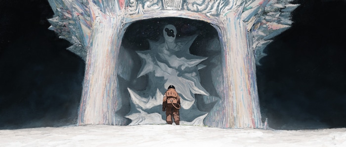 Astronaut faces a giant ice creature in a cave