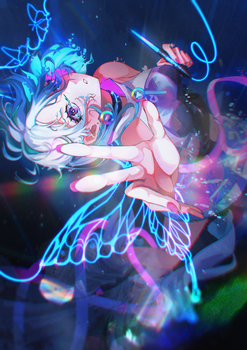 Anime girl with blue hair and glowing butterfly wings