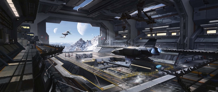 4K Futuristic Spaceship Hangar with Mountains