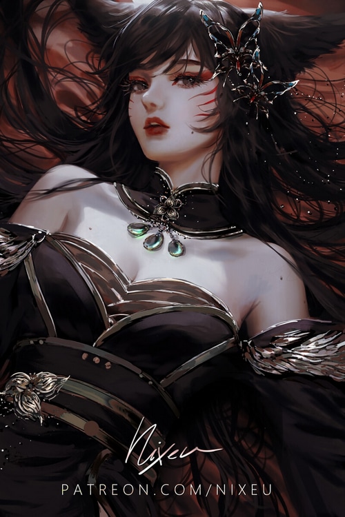 Nixeu's drawing of a woman with dark hair and animal ears