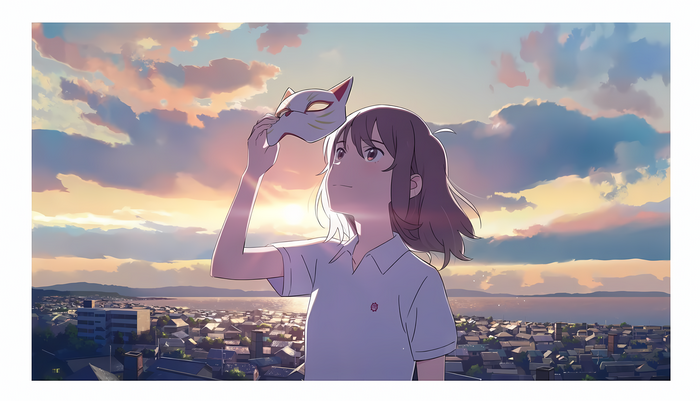 Miyo Sasaki holding a mask at sunset