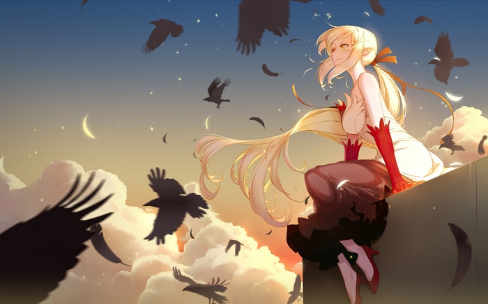 Oshino Shinobu sitting on a ledge with birds flying