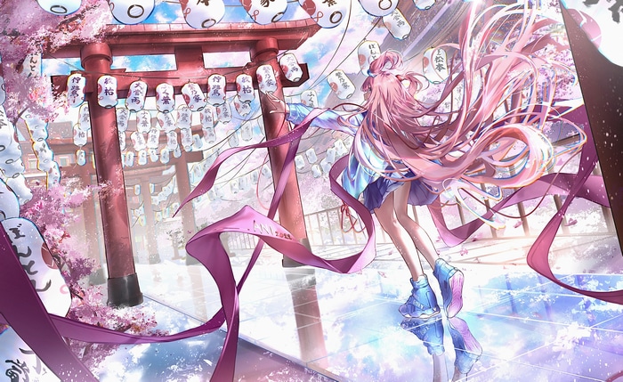 4K Anime Girl with Pink Hair at Japanese Shrine