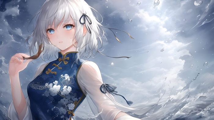 Kristin Lina in a Chinese dress with clouds and water drops