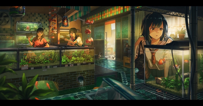 Girls looking at fish in an aquarium store