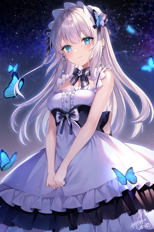 Anime girl with blue eyes and butterflies