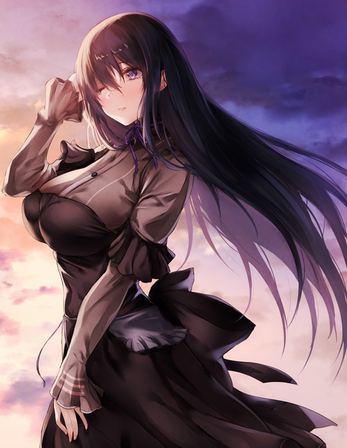 Anime girl with black hair and purple eyes in a dress