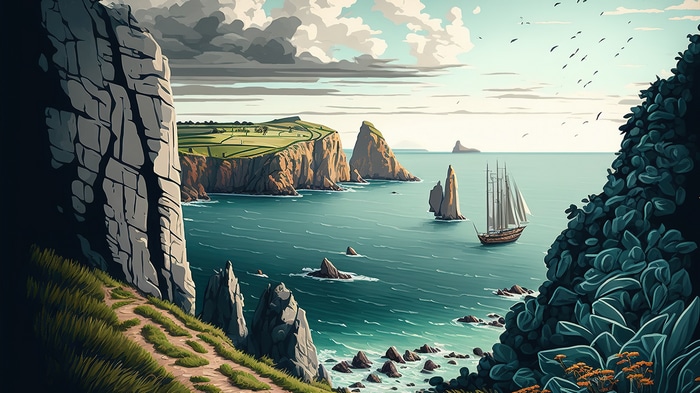 Sailboat on the ocean near cliffs and rocks