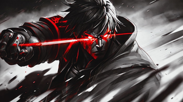 Man with glowing red eyes and sword