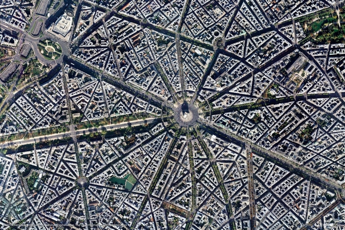 Aerial view of Paris, France with Arc de Triomphe