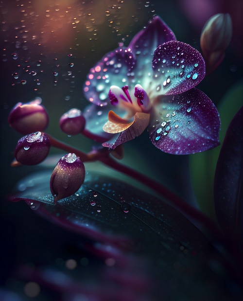 Purple orchids with water drops and buds