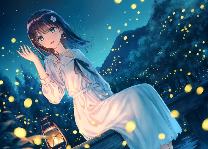 Girl in white dress with fireflies at night