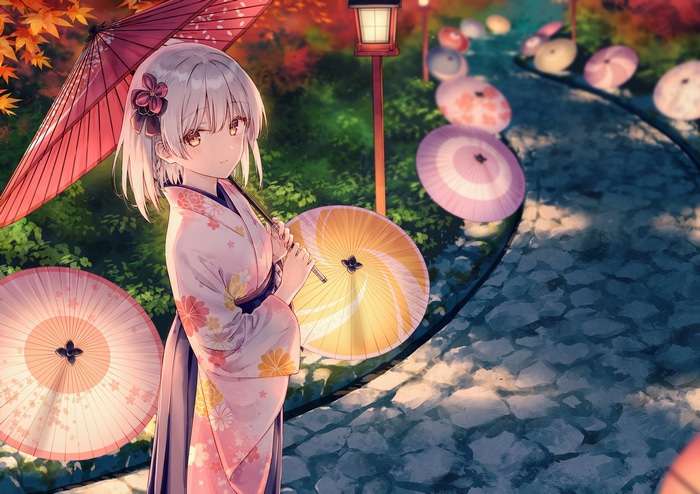 Girl in Kimono Holding Umbrella with Maple Leaves
