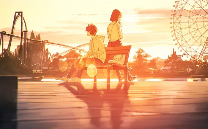 Anime couple on a bench at sunset with Ferris wheel