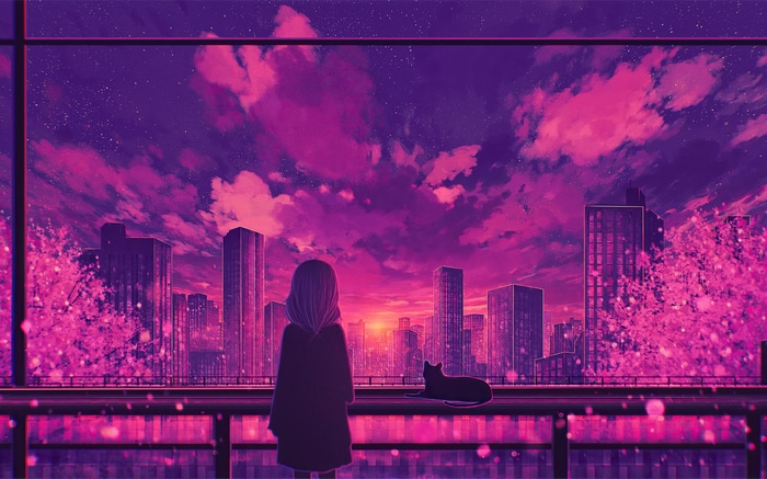 Anime girl and cat watch sunset over city with cherry blossoms