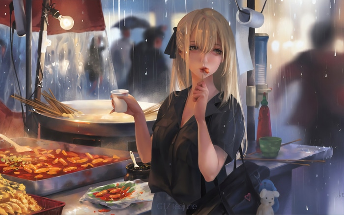Anime girl eating street food in the rain