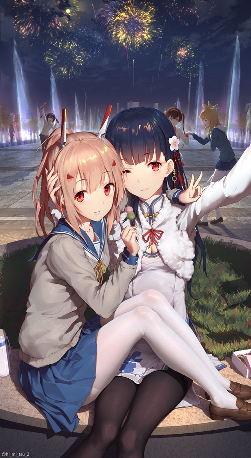 Azur Lane girls taking a selfie during fireworks