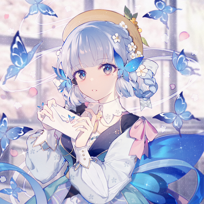 Kamisato Ayaka holding a letter with butterflies