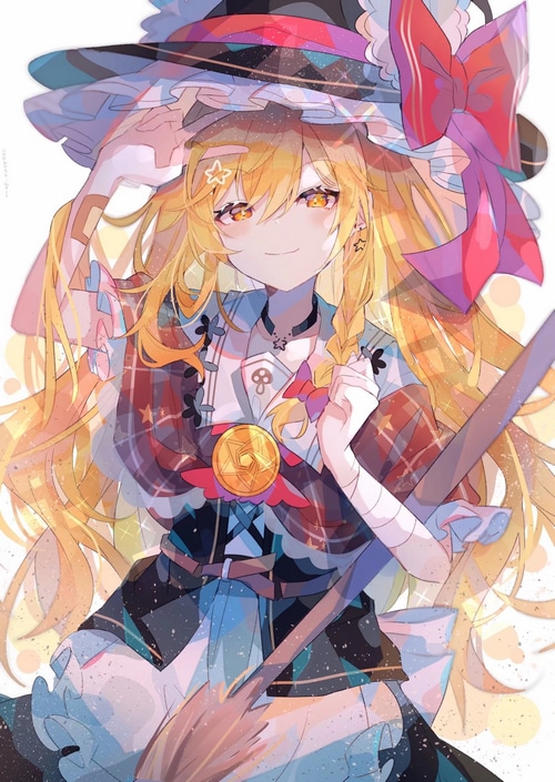 Anime witch with blonde hair and yellow eyes