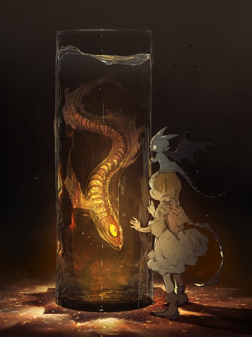 Girl and creature observe a dragon in a jar