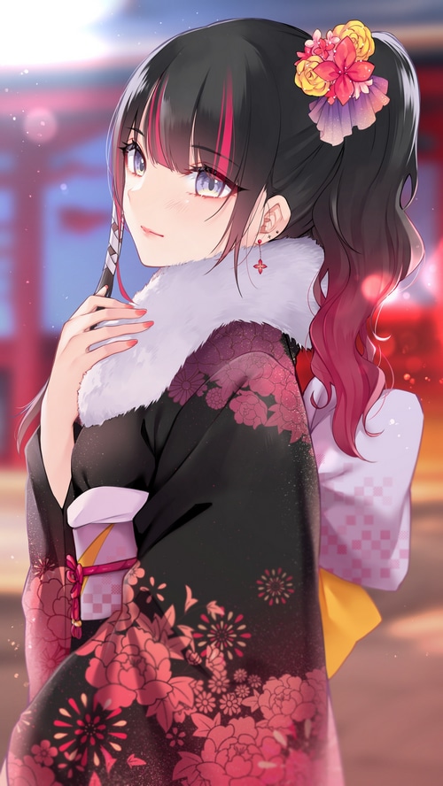 Anime girl in kimono with flower in hair