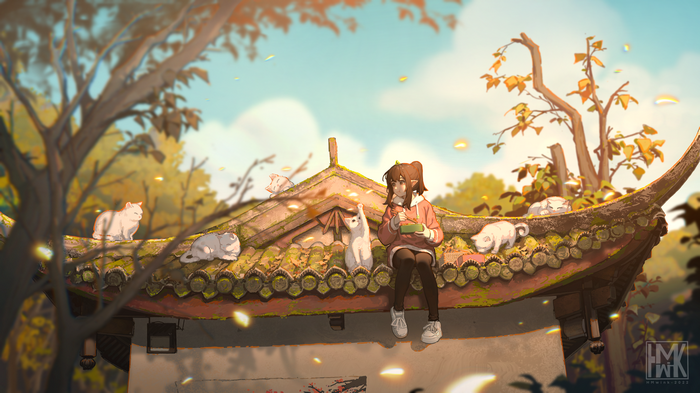 4K Chinese architecture with girl and cats