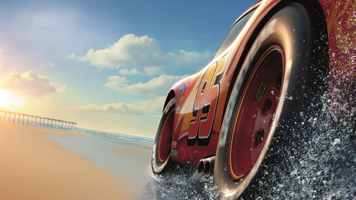 4K Lightning McQueen driving on a beach at sunset