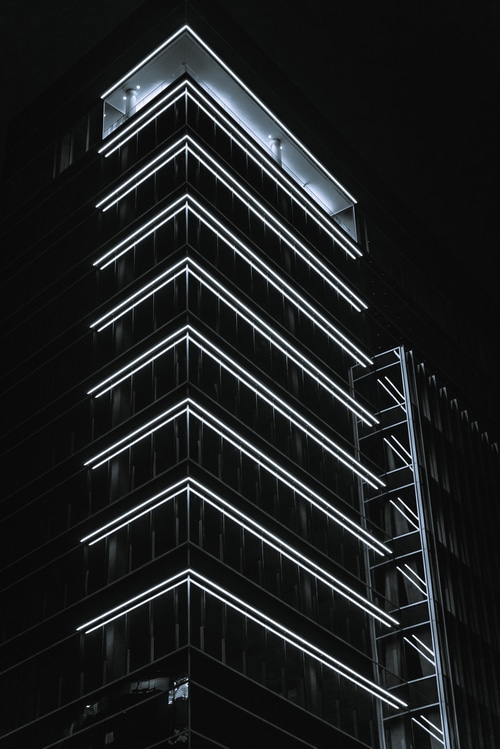 Monochrome building with neon lights at night