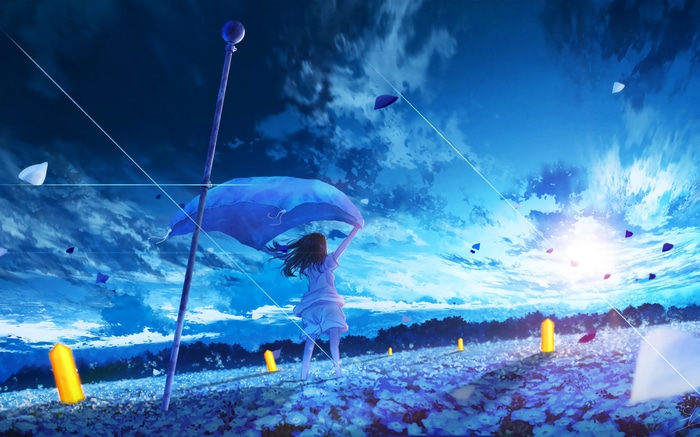 Girl holding a blue flag in a field of flowers