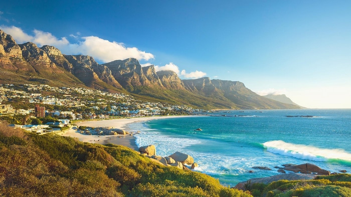 Cape Town coastline with mountains and ocean waves