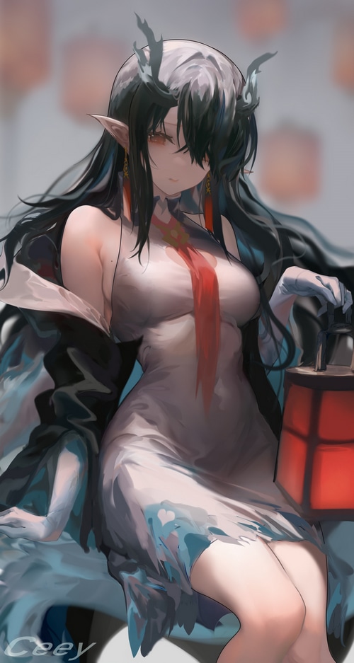 Dragon girl with horns holding a lantern