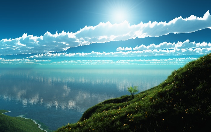 4K landscape with grass, clouds, sky, and water