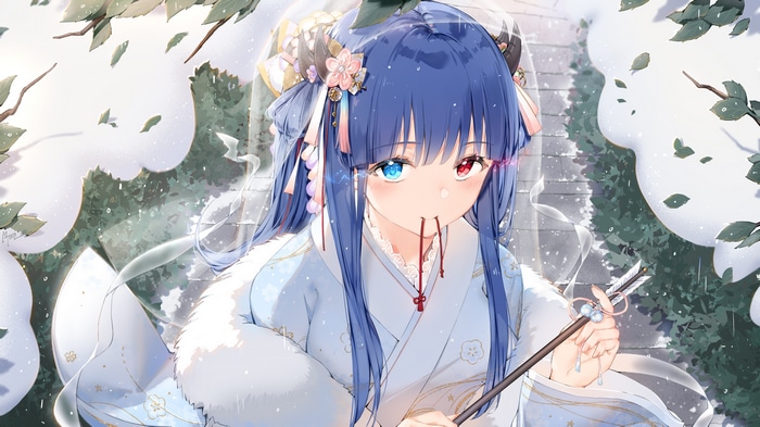 Girl with horns, blue hair, and heterochromia holding an arrow
