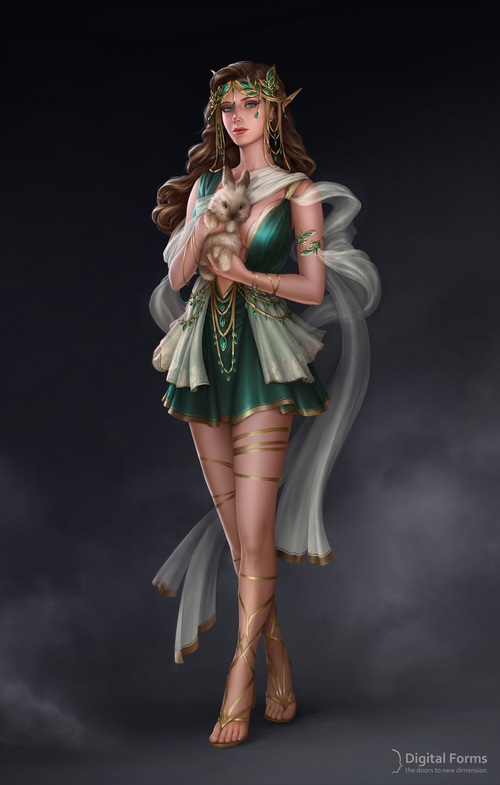 Elf woman holding a rabbit with a green dress