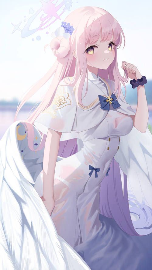 Misono Mika with pink hair and wings in wet clothing