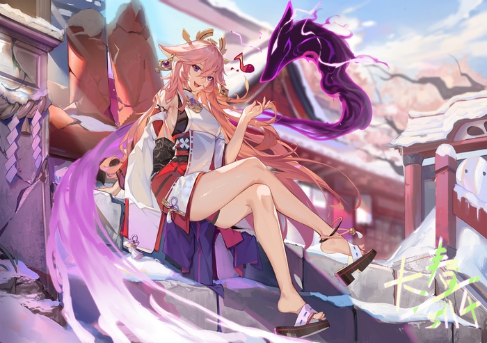 Yae Miko with a purple fox spirit in Genshin Impact