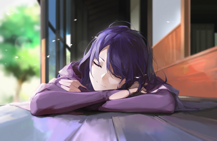 Raiden Shogun sleeping in purple clothing